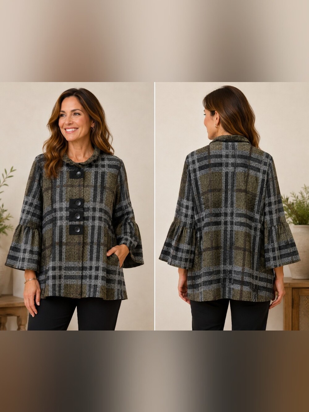 Ali Miles Olive and Black Plaid Bell-Sleeve Lite Weight Jacket